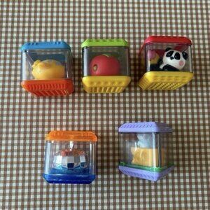 Lot of 5 Fisher Price Peek A Boo Blocks Triangle Cubes Sensory Toys Animal Apple